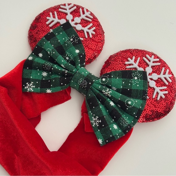 Baby Girl Minnie Christmas Headband – Red Sequin Ears Green Plaid Snowflake Bow - Picture 3 of 3
